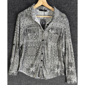 DJT Shirt Women L Large Gray Geometric Button Up Collared Long Sleeve Pockets